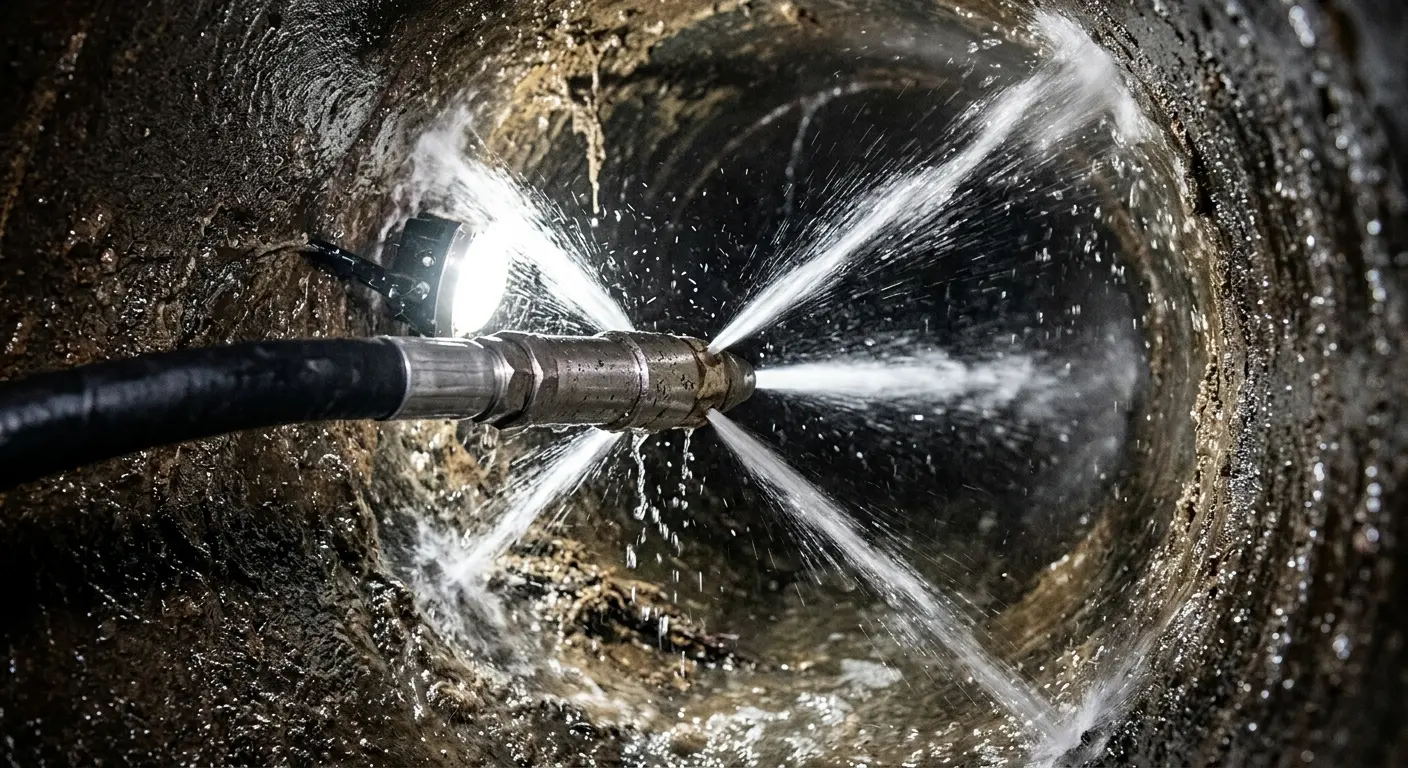 High-pressure hydro jetting nozzle cleaning sewer pipe for Emergency Drain Service in Byram