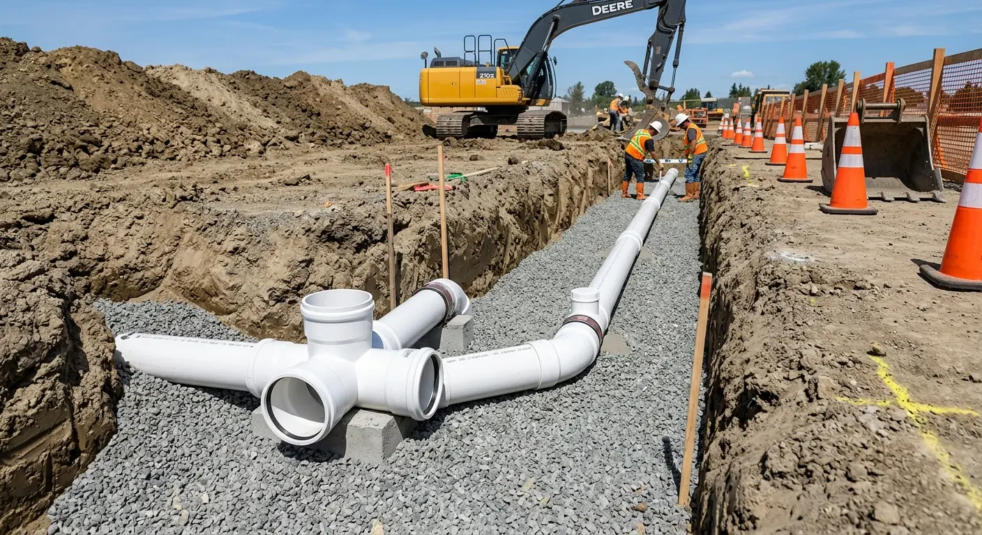 New PVC sewer pipe installation in open trench for Commercial Drain Cleaning in Byram