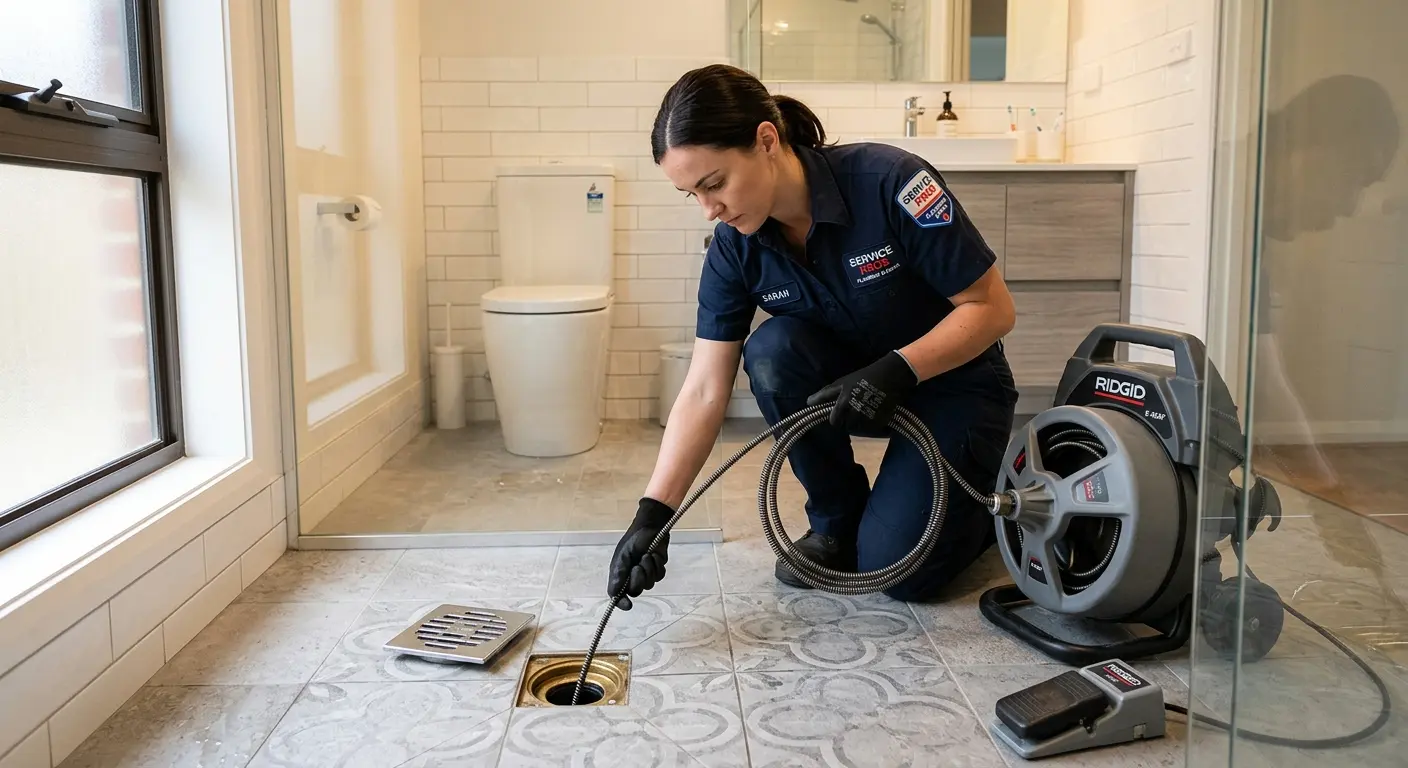 Technician clearing a bathroom floor drain for Drain Cleaning in Byram